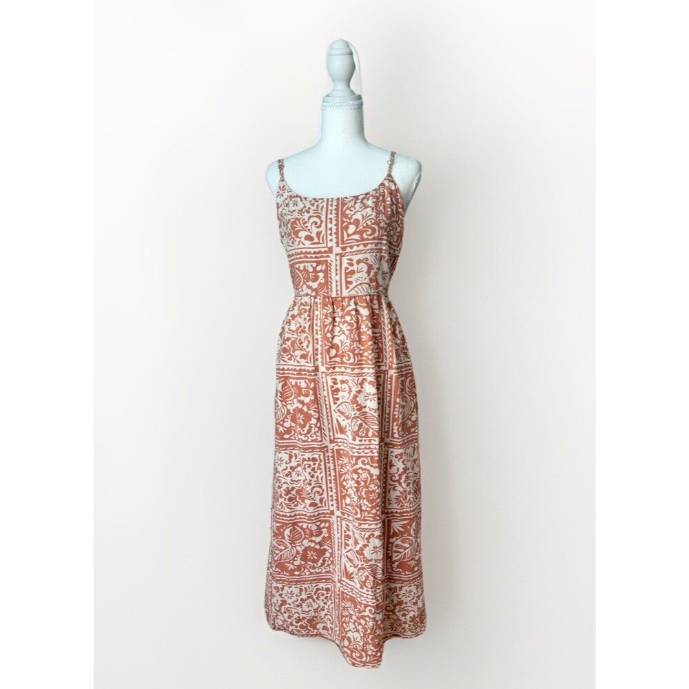 Boho Cottagecore Midi Dress XL Coral Cream Floral Tile Print Linen Blend Pockets